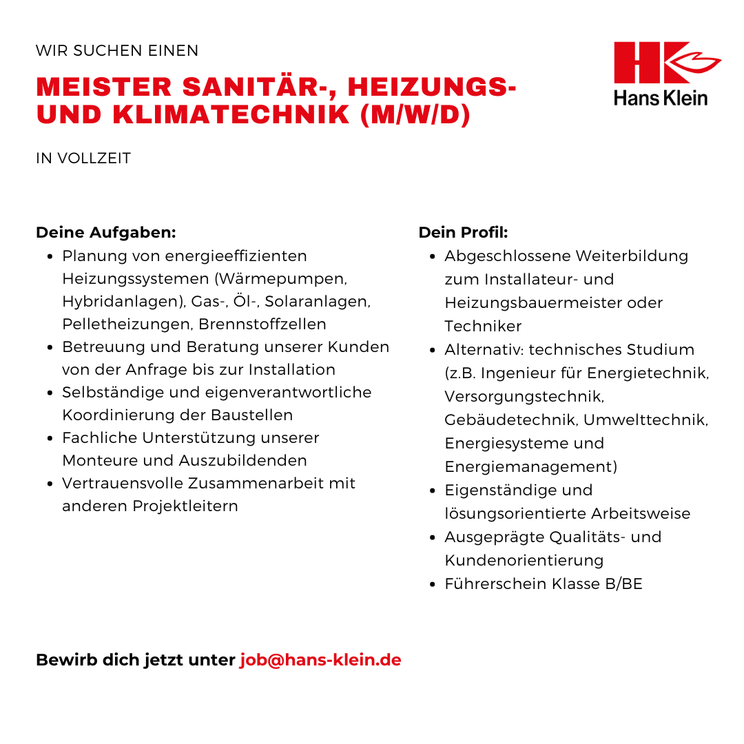 Wir suchen einen Meister für Sanitär-, Heizungs- und Klimatechnik (SHK)